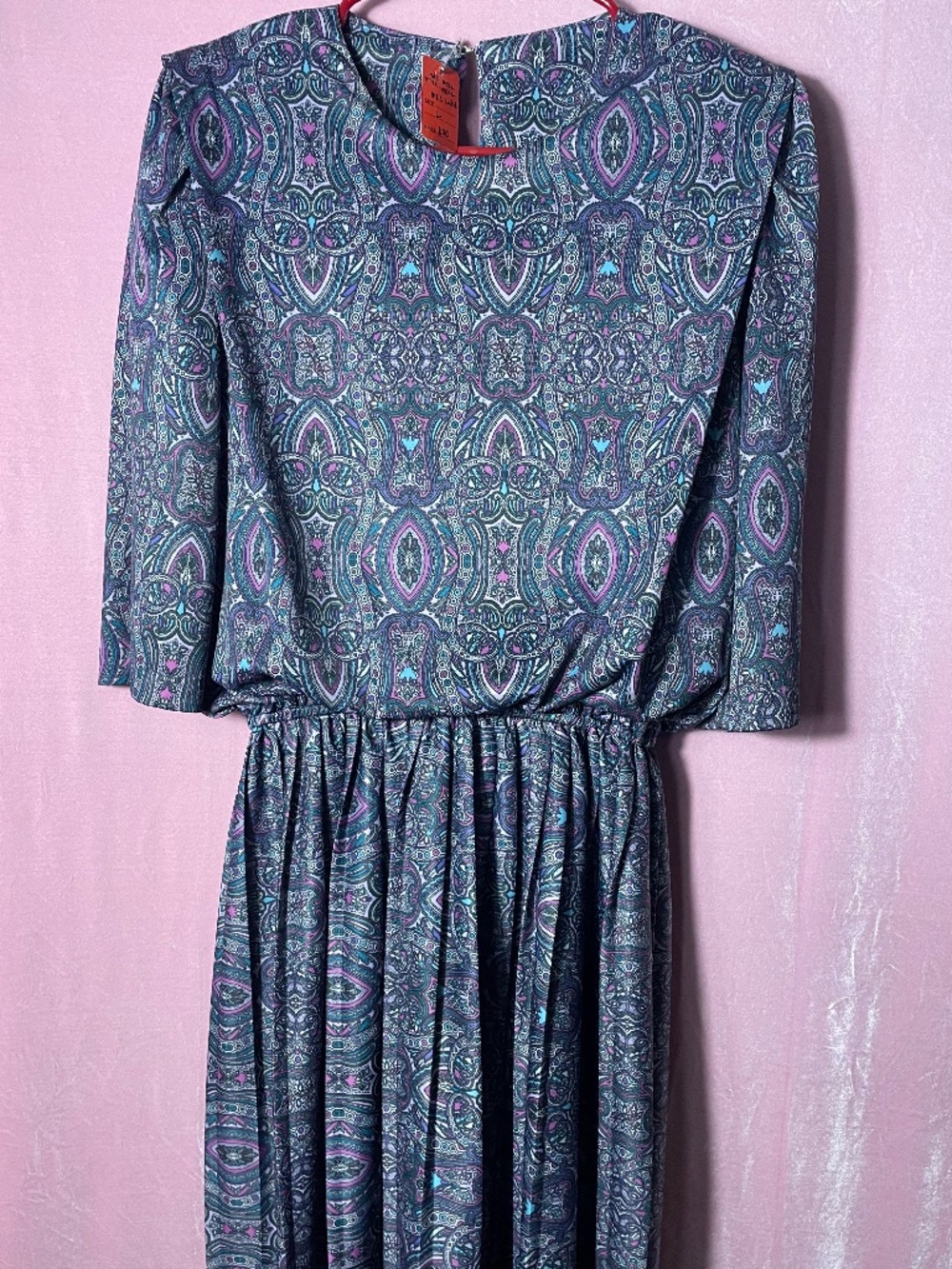 VINTAGE Paisley blouson midi dress Sz.L w/ pleated skirt